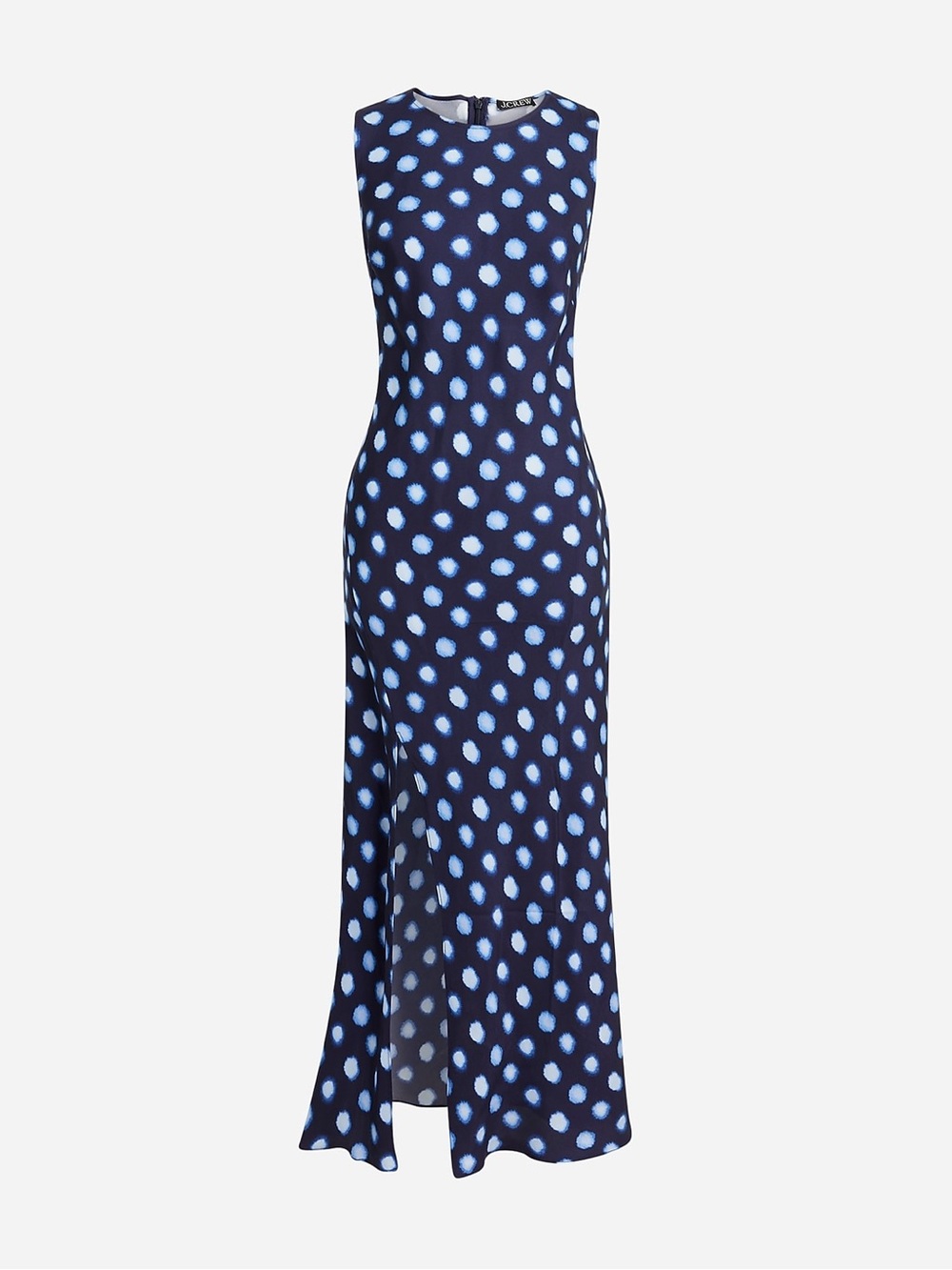 J.Crew Navy Blue High Neck Slip Dress in Dot Drapey Cupro Maxi Slit Leg Size 10